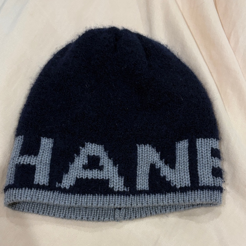 CHANEL Navy and Light Gray Knit Hat